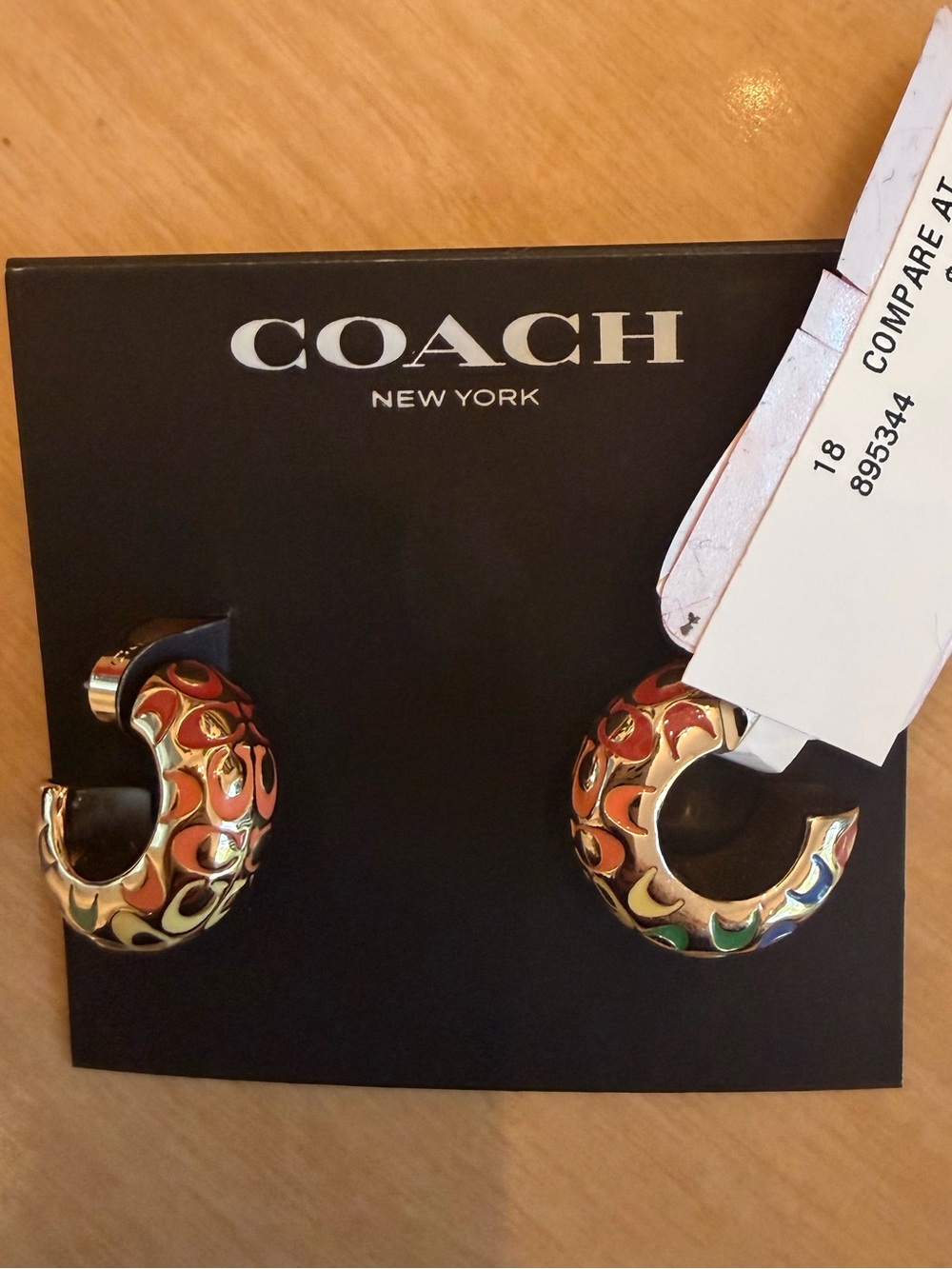 NWT COACH Signature Enamel Hoop Earrings C9362 — Gold/Pink Multicolor - Picture 4 of 4